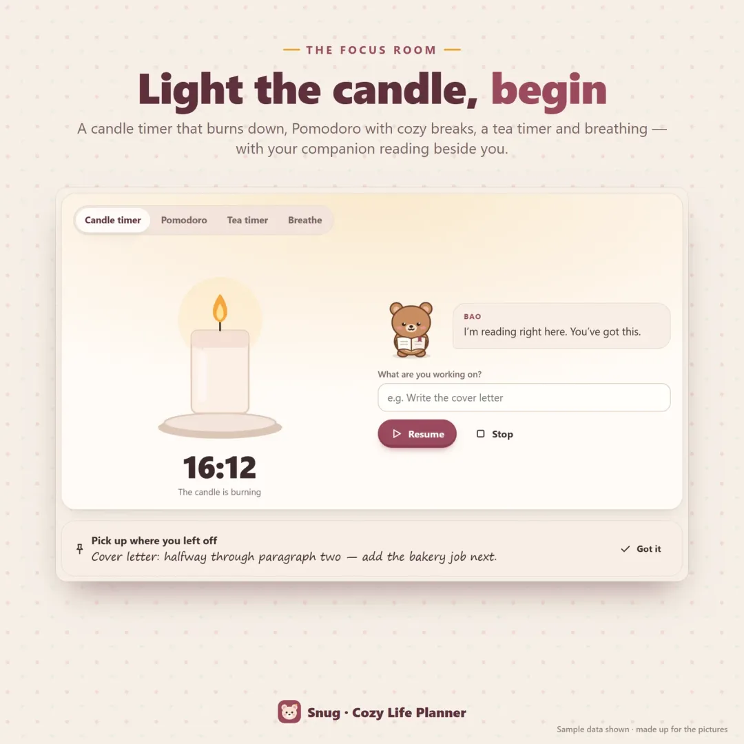 Focus room with a candle timer that burns down, Pomodoro, a tea timer and breathing