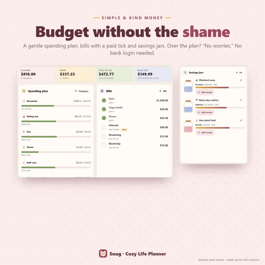 Gentle monthly budget with spending, bills and savings jars