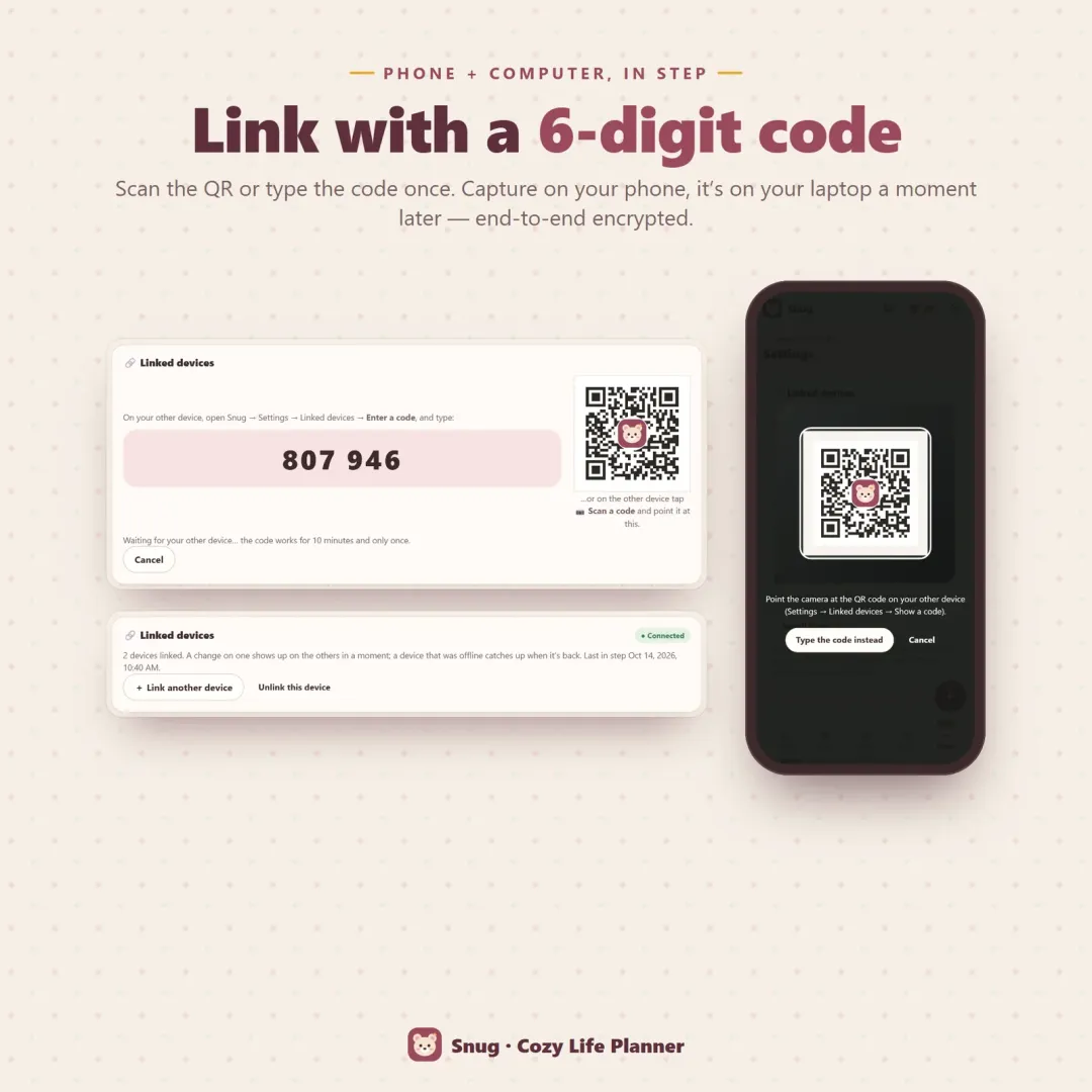 Phone and laptop linked with a 6-digit code or QR