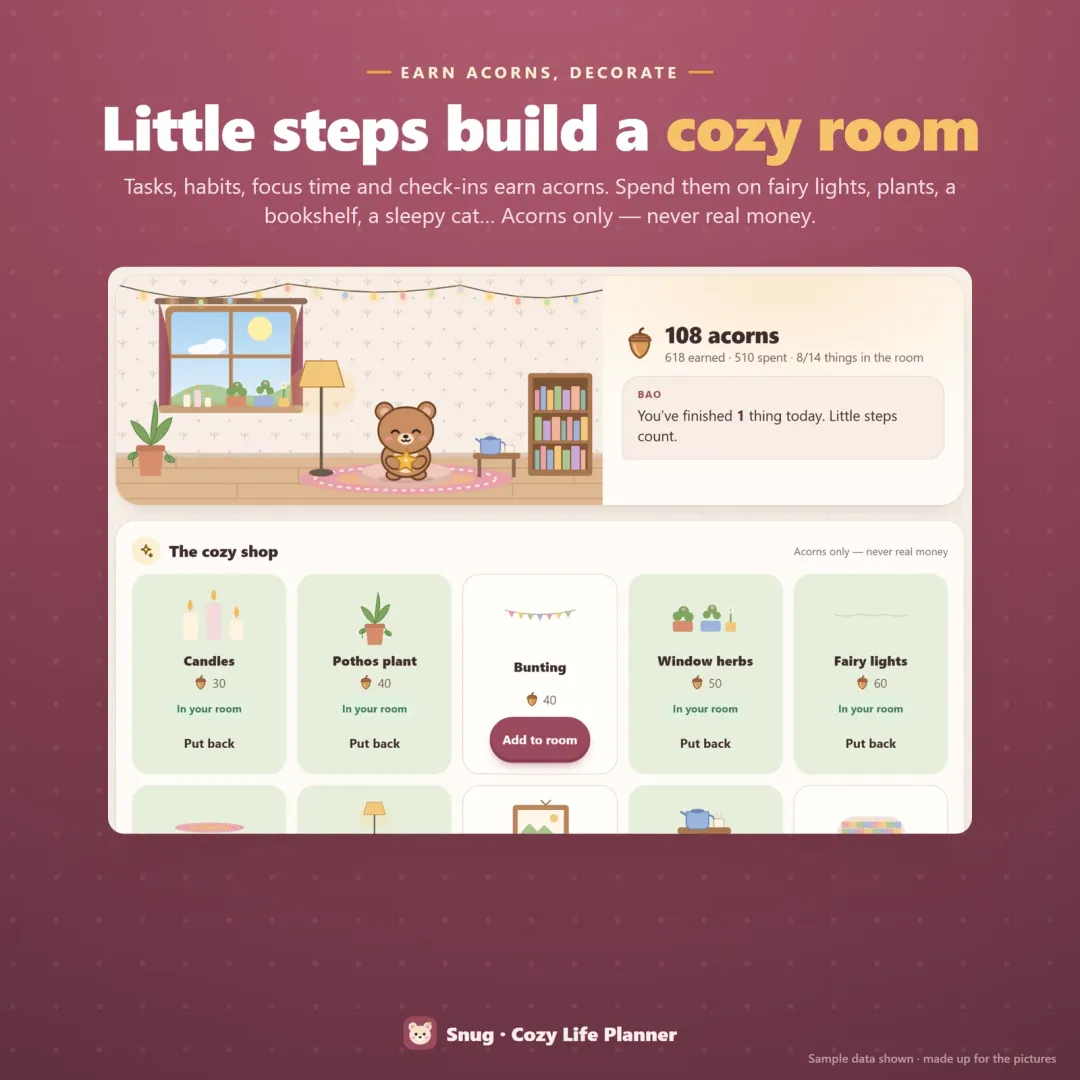The cozy room and acorn shop where you decorate with candles, plants, fairy lights and a bookshelf