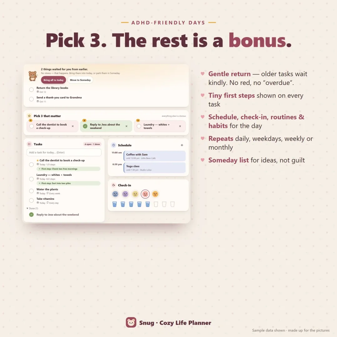 Today page with a gentle return card, Pick 3, tasks with tiny first steps, schedule and check-in