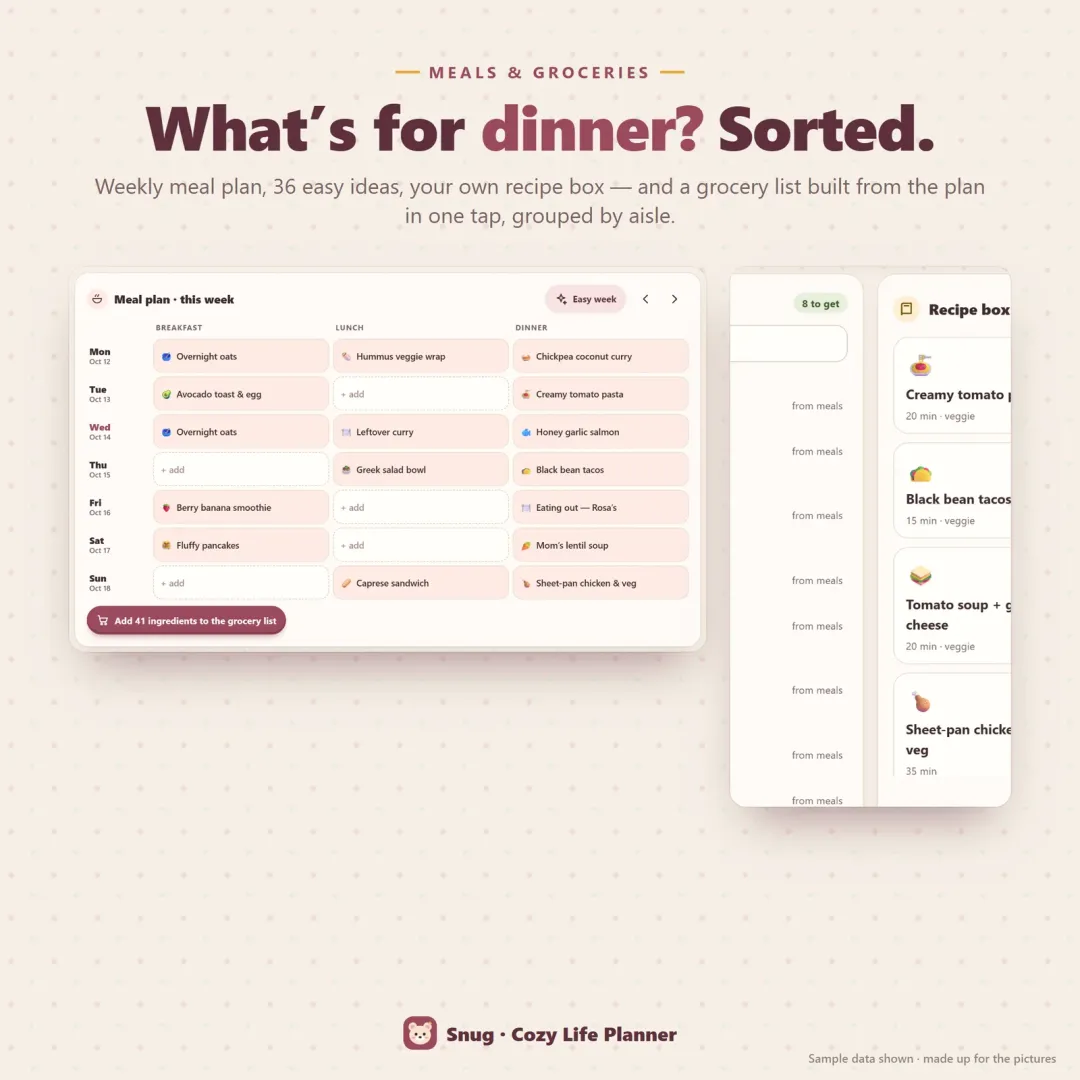Weekly meal planner with 36 easy ideas and a grocery list grouped by aisle