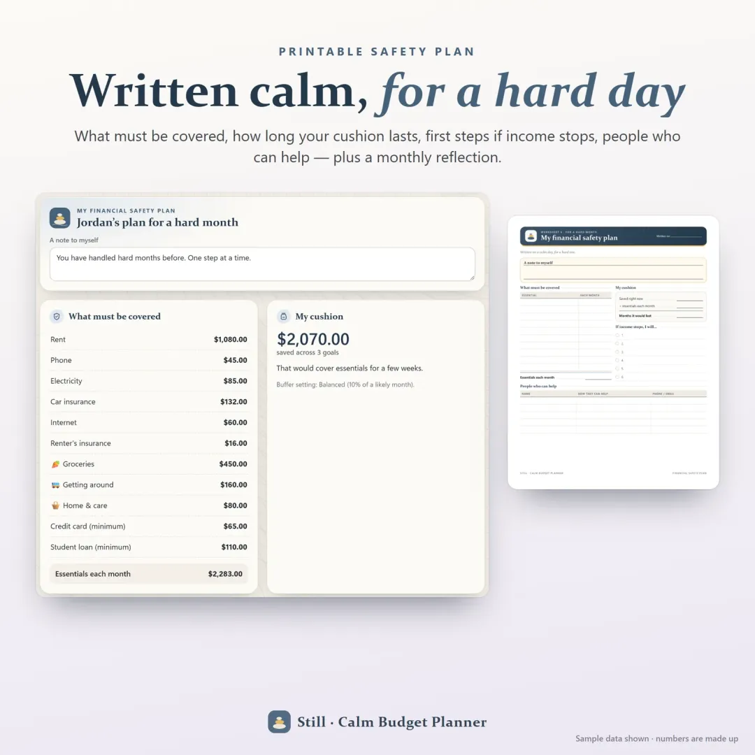 A printable financial safety plan for a hard day, plus a monthly reflection