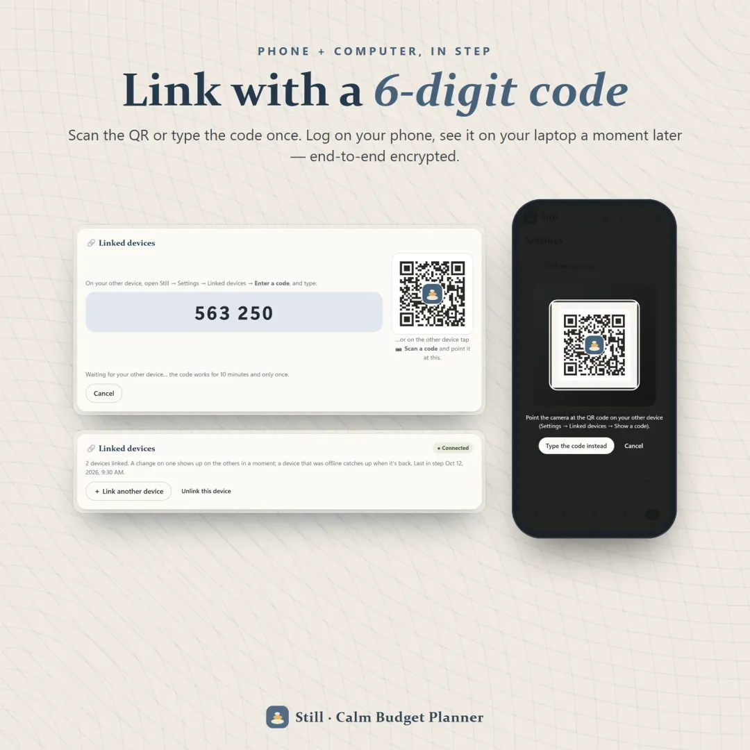 Phone and laptop linked with a 6-digit code or QR
