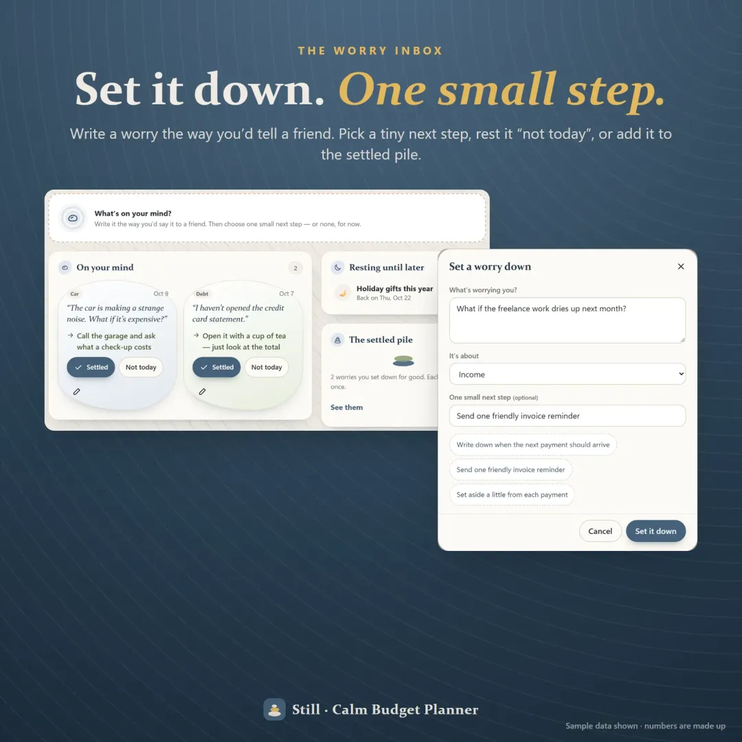 The worry inbox — set a money worry down, pick one small step, rest it or add it to the settled pile