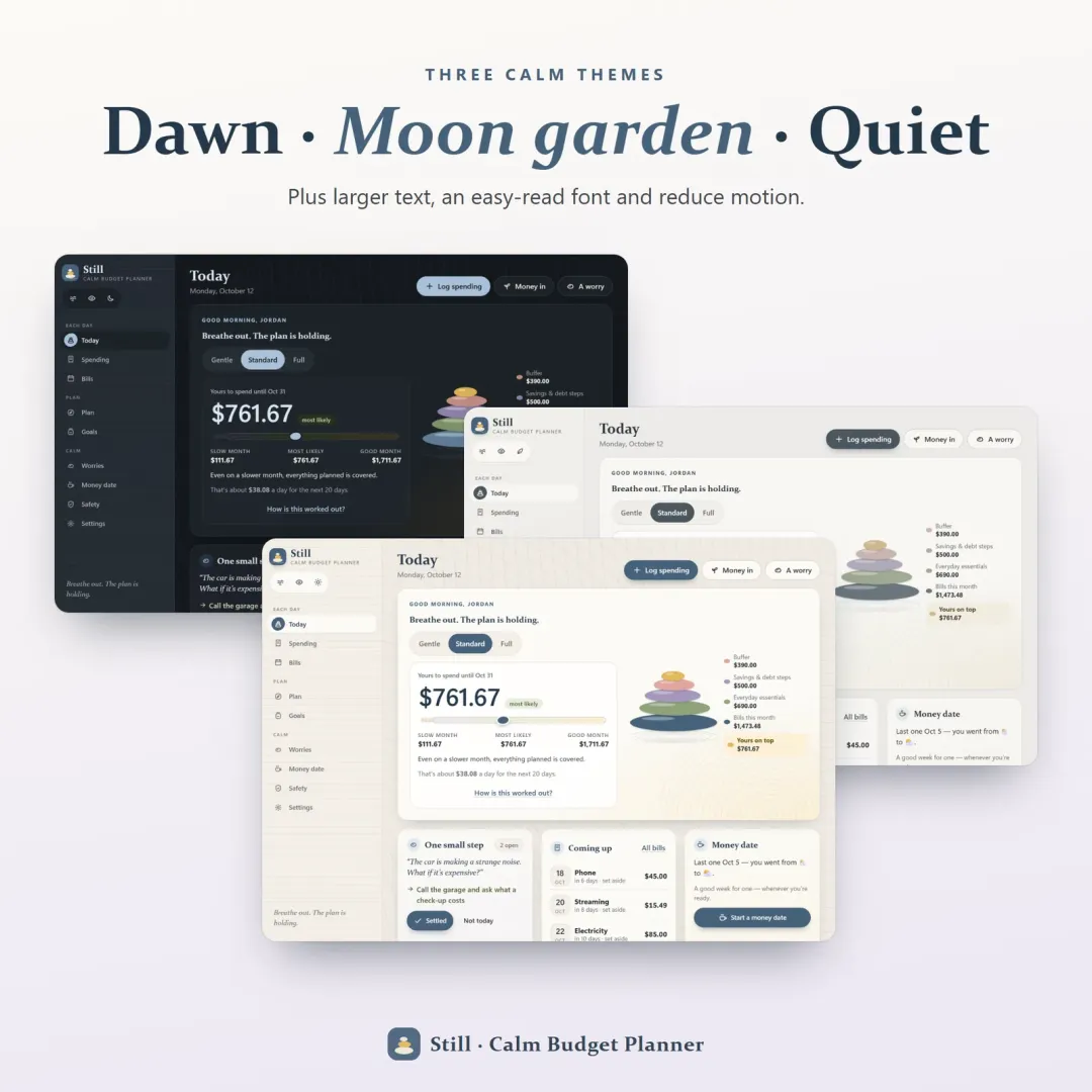 Three calm themes — Dawn garden, Moon garden and Quiet paper