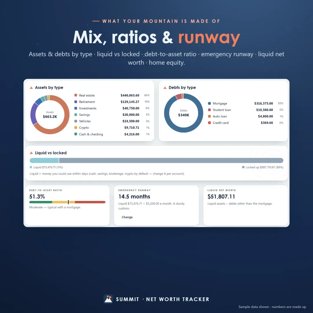 Asset allocation, debt-to-asset ratio, emergency runway, liquid net worth and home equity