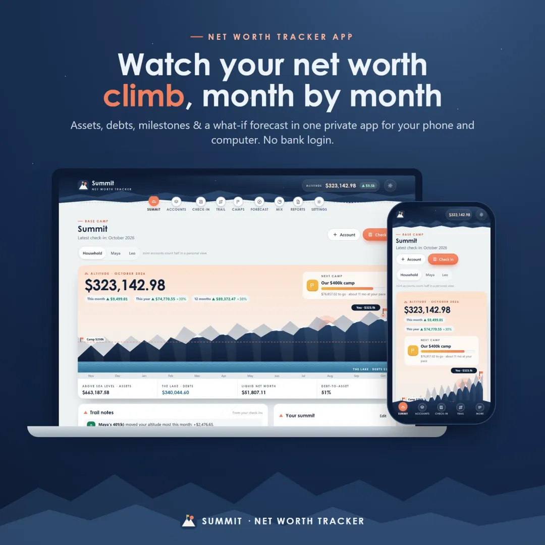 Summit net worth tracker app showing net worth as a mountain range with one peak per monthly check-in