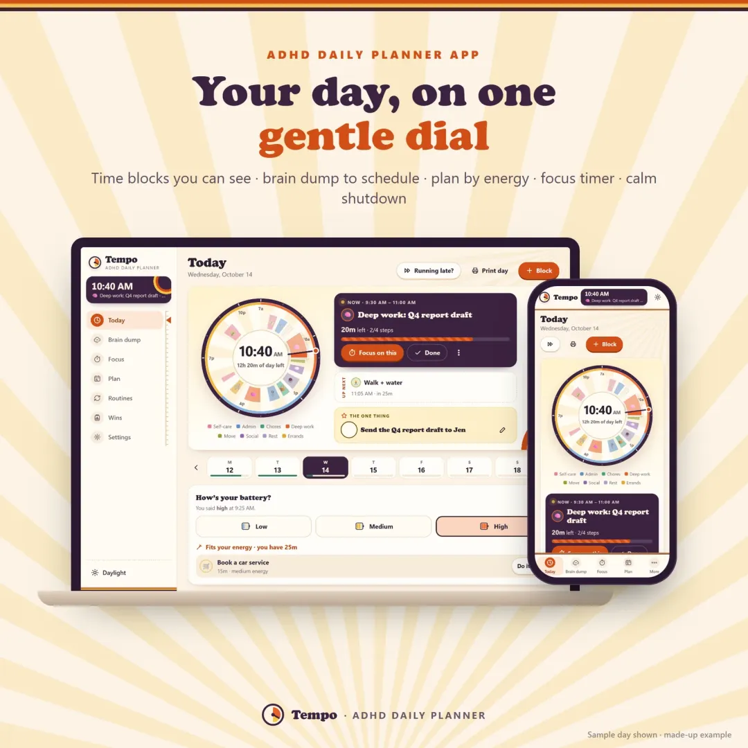 Tempo ADHD planner app showing the day as a dial of colourful time blocks on a laptop and a phone