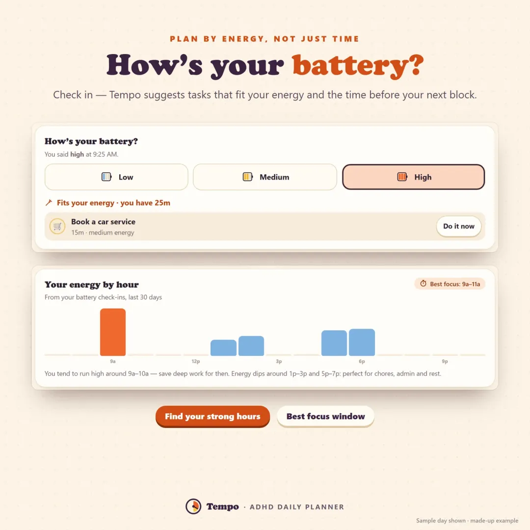Energy check-in with low, medium and high batteries and tasks that fit your energy right now