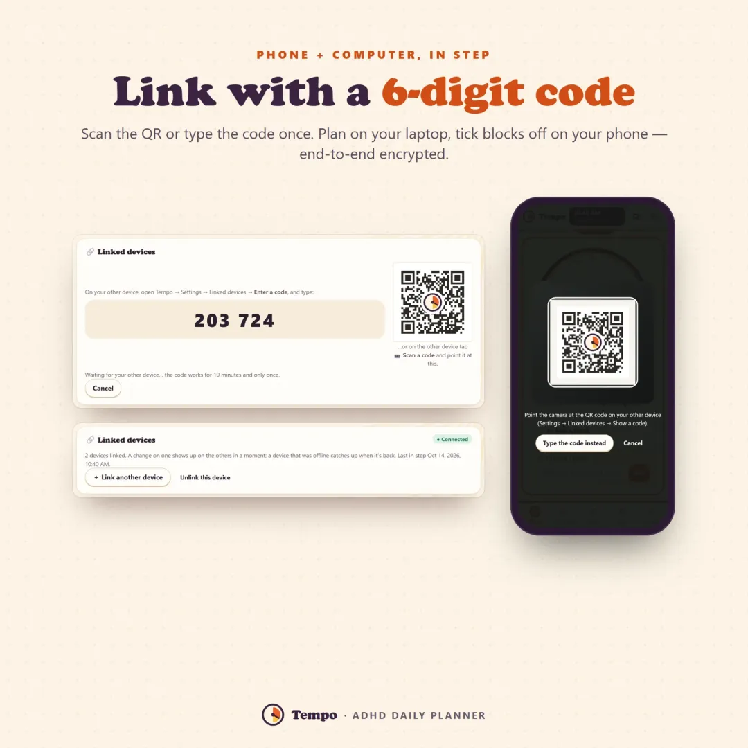 Phone and laptop linked with a 6-digit code or QR