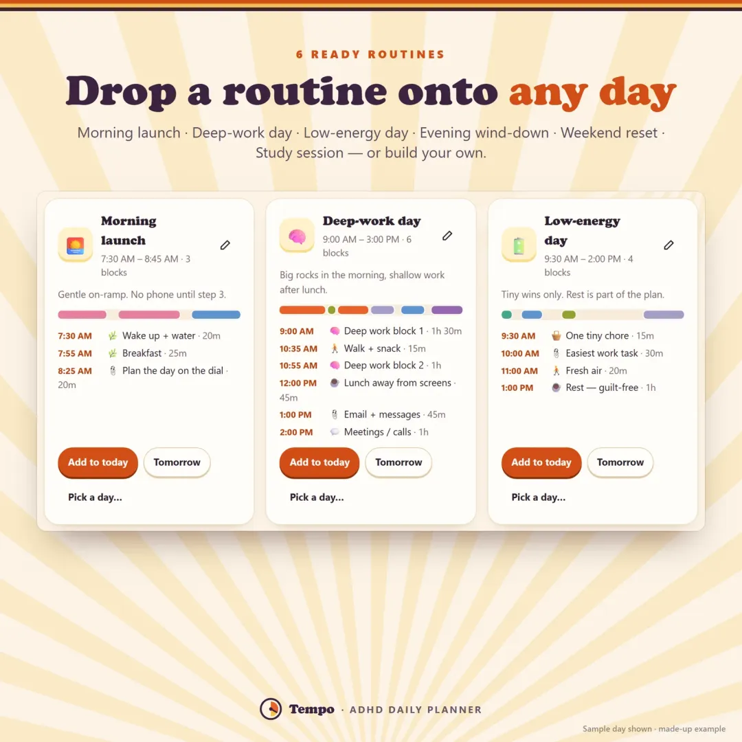 Six ready-made routines including Morning launch, Low-energy day and Evening wind-down