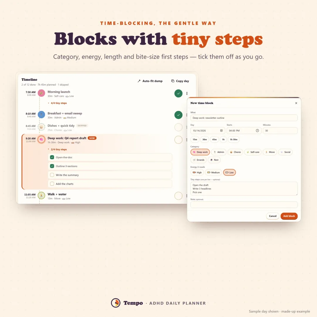Time blocking with categories, energy levels and tiny first steps on a daily timeline