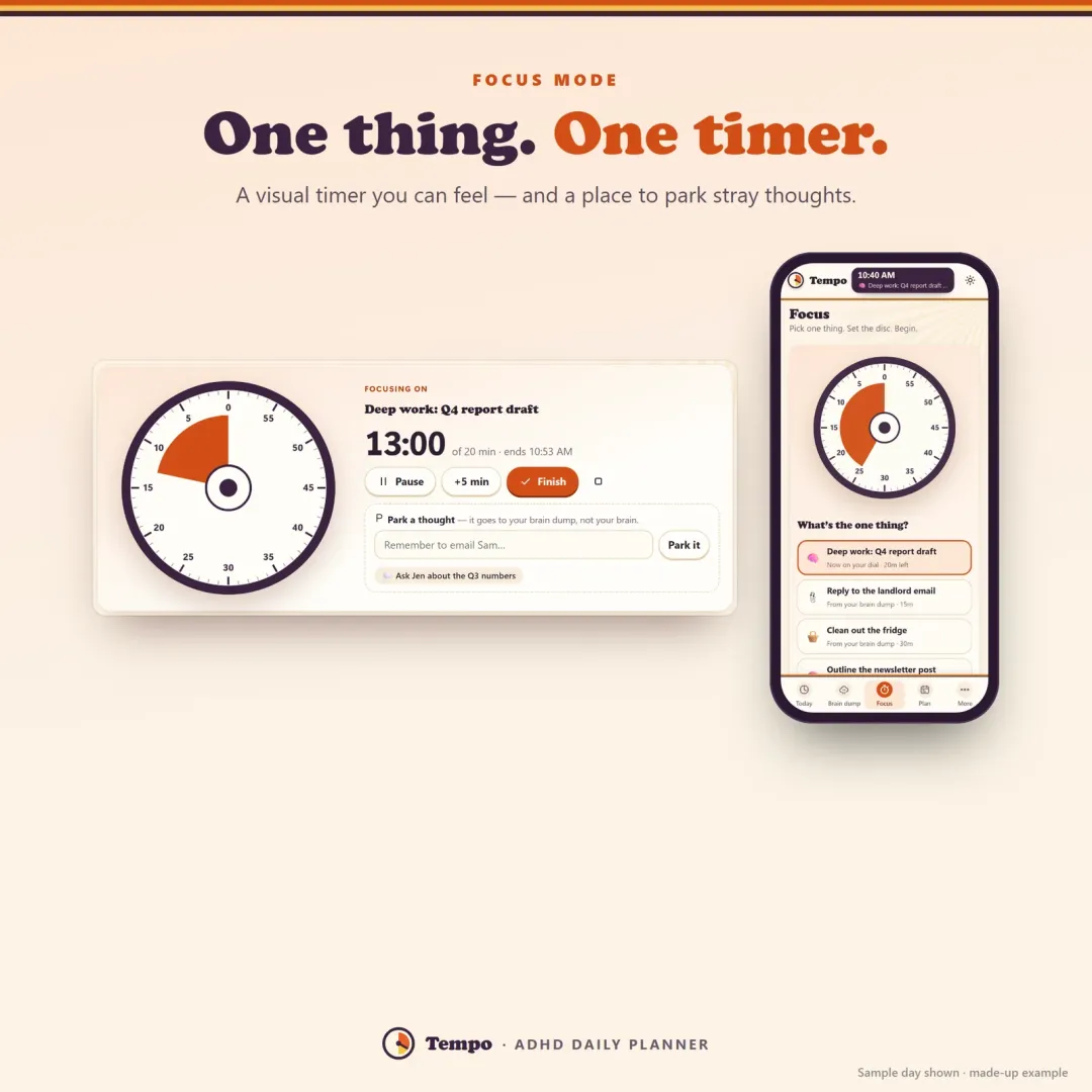 Visual focus timer — a shrinking time disc with a place to park stray thoughts