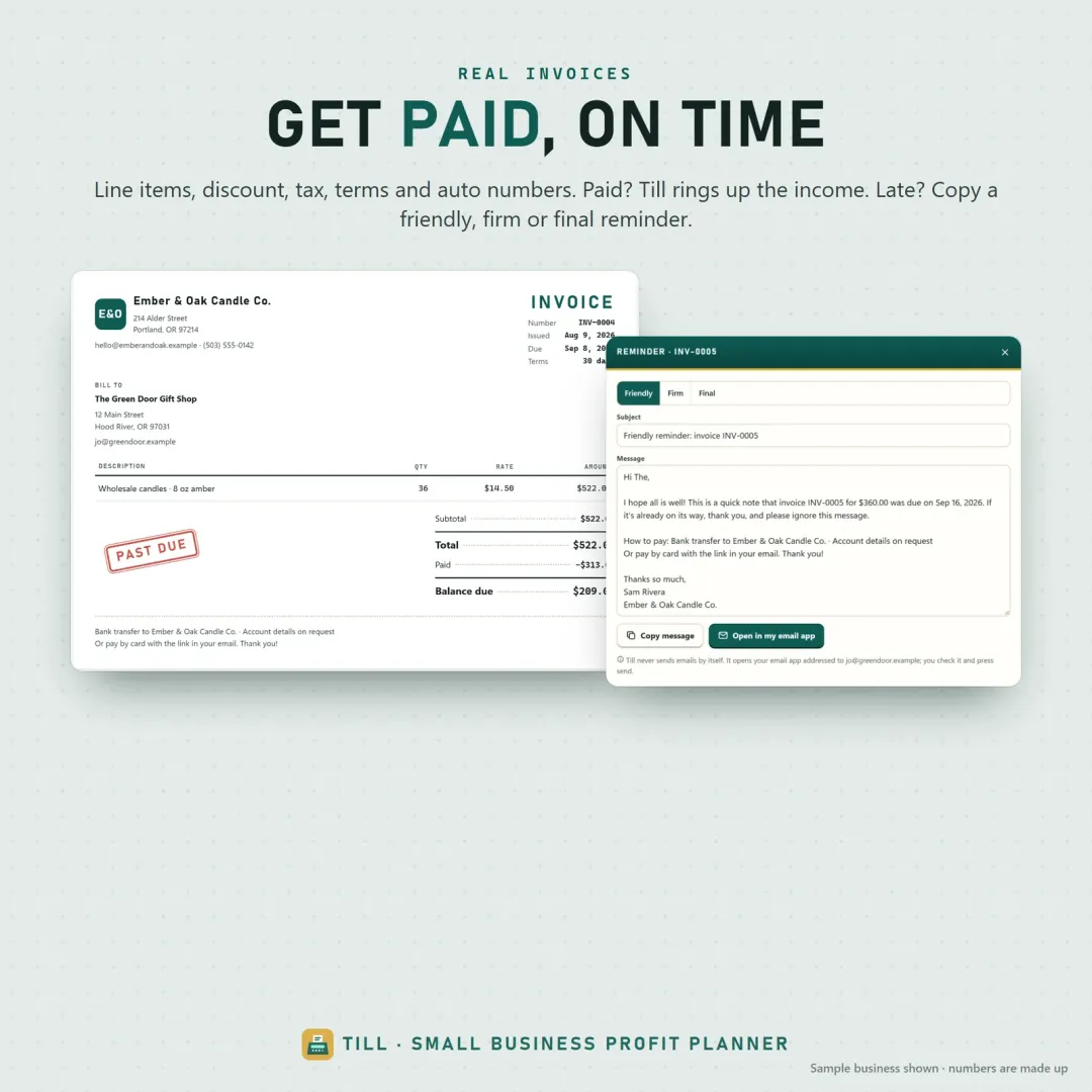 Invoices with line items, payment terms and paid, sent and overdue stamps