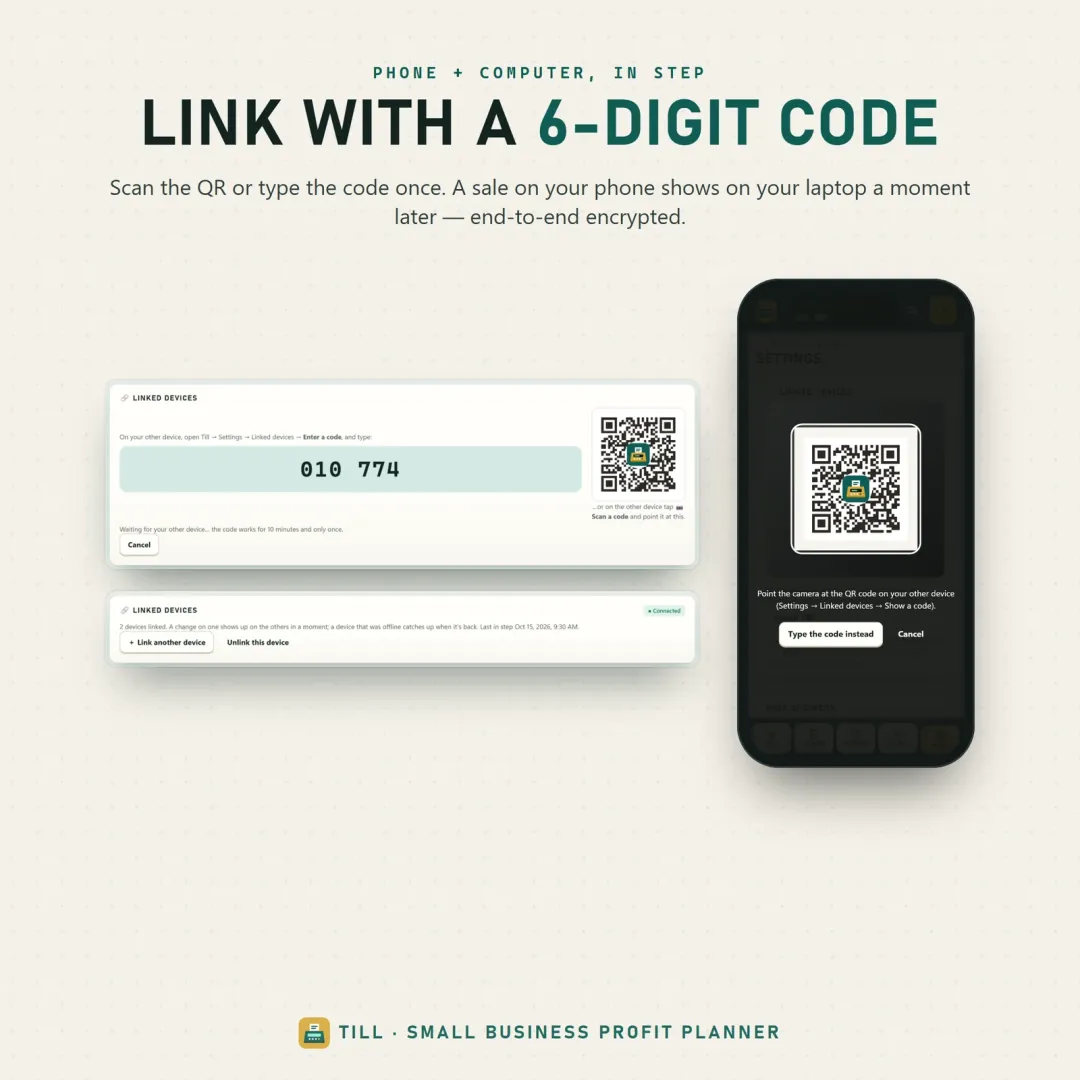 Phone and laptop linked with a 6-digit code or QR