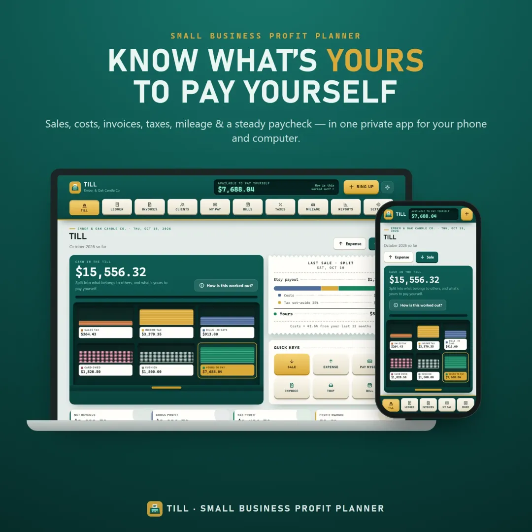 Till small business planner app with the cash drawer showing what is available to pay yourself