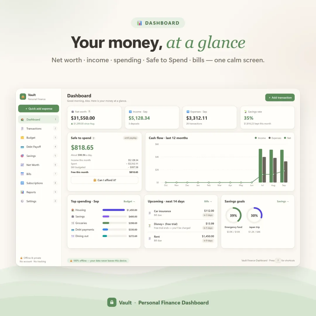 Vault dashboard with safe-to-spend, net worth, cash flow and upcoming bills