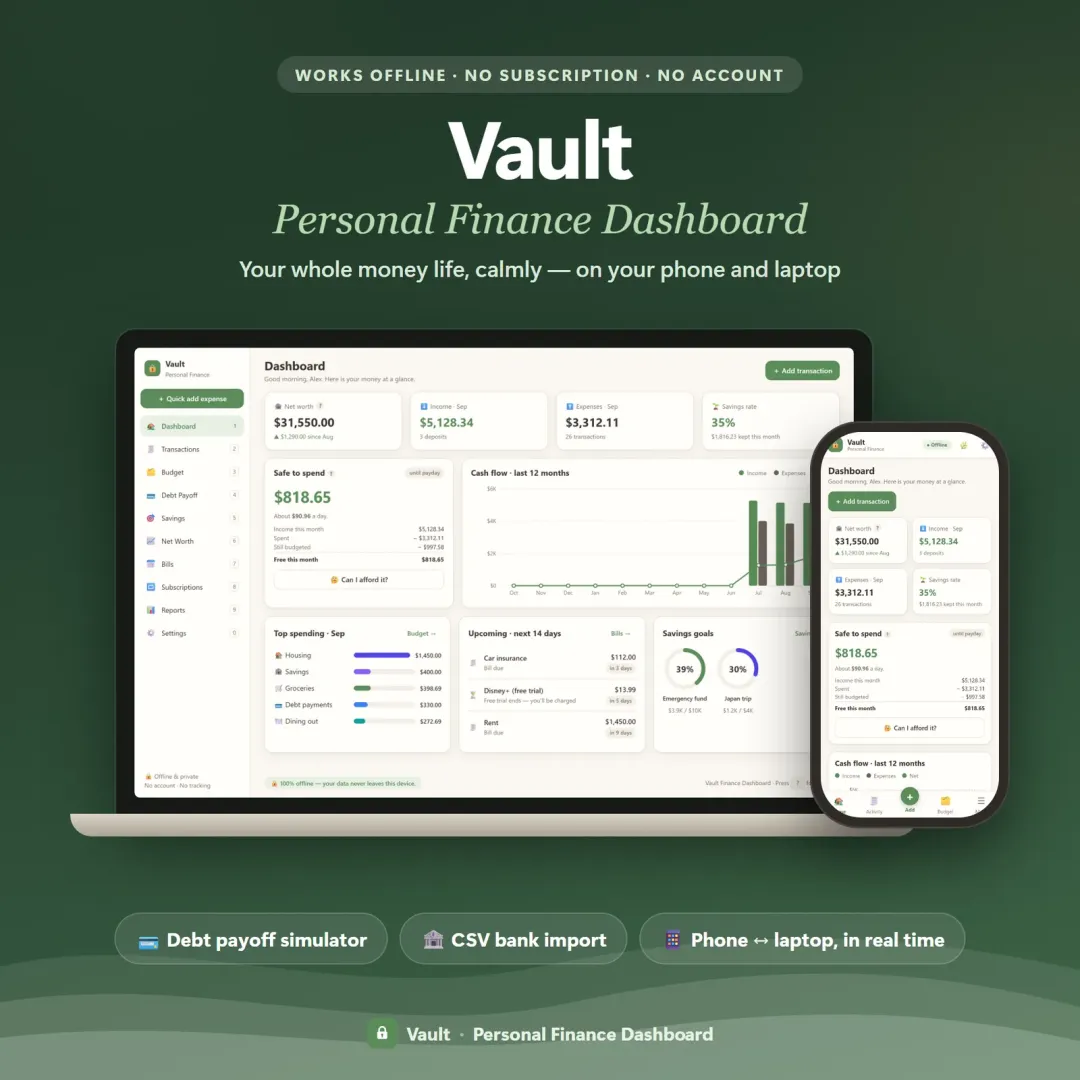 Vault personal finance dashboard shown on a laptop and a phone, with the safe-to-spend number and cash-flow charts