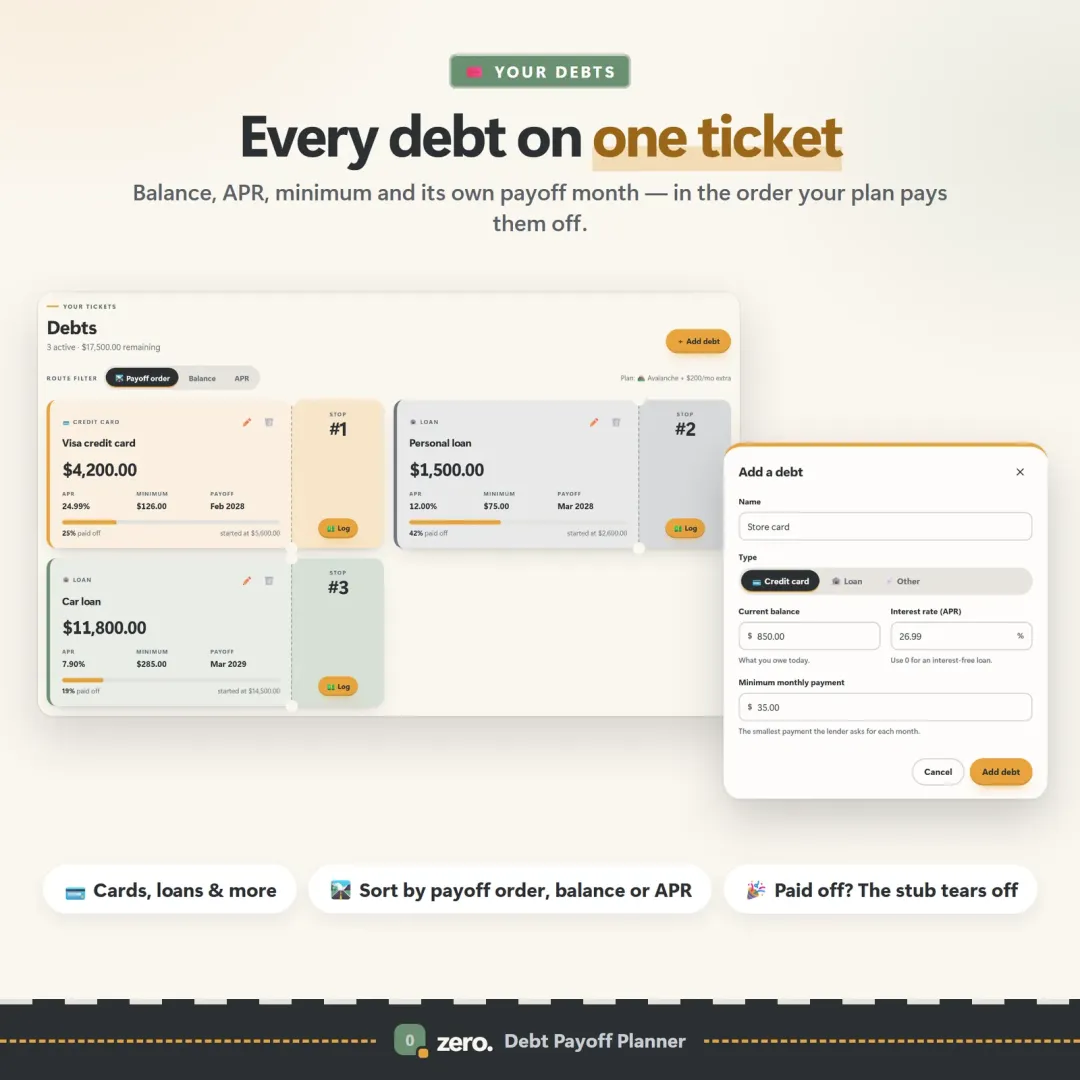 Debt tickets showing balance, APR, minimum payment and payoff month