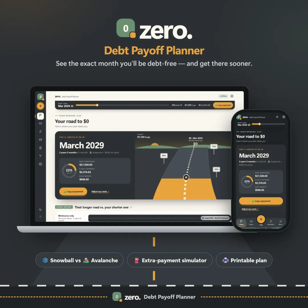 Zero debt payoff planner with a road leading to a $0 finish flag and the projected debt-free date